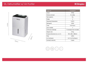 Dimplex DC12DEPUR 12L Dehumidifier with Air Purifier