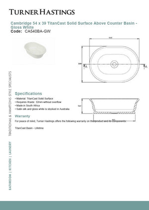 Turner Hastings CA540BA Cambridge 54cm TitanCast Solid Surface Above Counter Basin