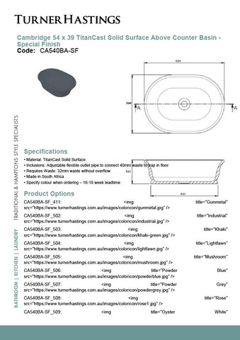 Turner Hastings CA540BA Cambridge 54cm TitanCast Solid Surface Above Counter Basin