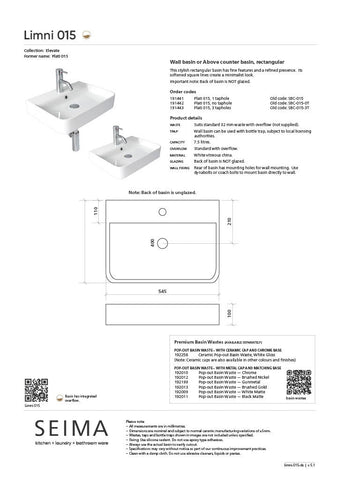 Seima Floor Stock 191441 Limni 015 54.5cm Wide Rectangular Ceramic Wall Hung or Above Counter Basin