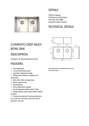 Tilo TKS-C300R Compatto 68cm Wide 1 & 3/4 Deep Multi Bowl Radial Corner Sink