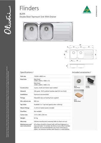 Oliveri FL171/FL172 Flinders Double Bowl Topmount Sink With Drainer