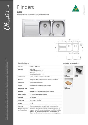 Oliveri FL171/FL172 Flinders Double Bowl Topmount Sink With Drainer