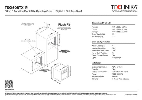 Technika TSO605TX 60cm 5 Function Side Opening Built-In Oven