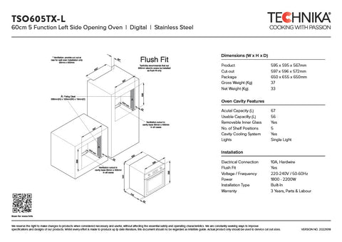 Technika TSO605TX 60cm 5 Function Side Opening Built-In Oven