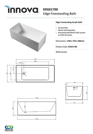 Innova EDGE 170cm Freestanding Acrylic Bath