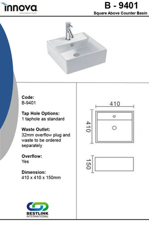 Innova B9401W 410mm Wide Square Wall Hung Ceramic Basin