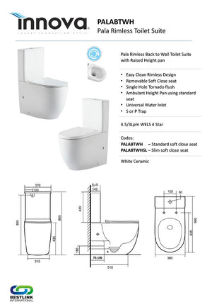 Innova PALABTWH/PALABTWHSL Pala Raised Height Tornado Flush Back to Wall Toilet Suite