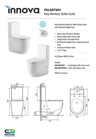 Innova PALABTWH/PALABTWHSL Pala Raised Height Tornado Flush Back to Wall Toilet Suite