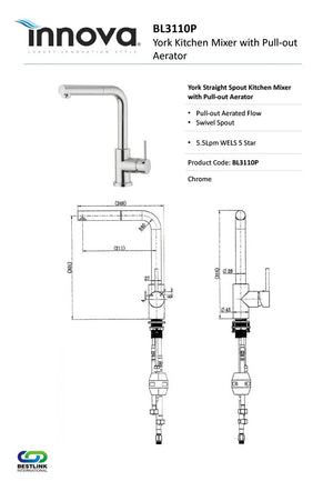 Innova BL3110P York Straight Spout Kitchen Mixer with Pull-Out Aerated Flow