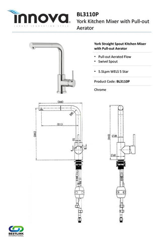 Innova BL3110P York Straight Spout Kitchen Mixer with Pull-Out Aerated Flow