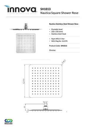 Innova SH1013 Nautica SS 250mm Slim Square Shower Rose