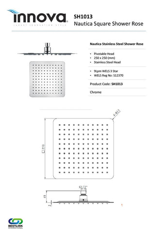 Innova SH1013 Nautica SS 250mm Slim Square Shower Rose