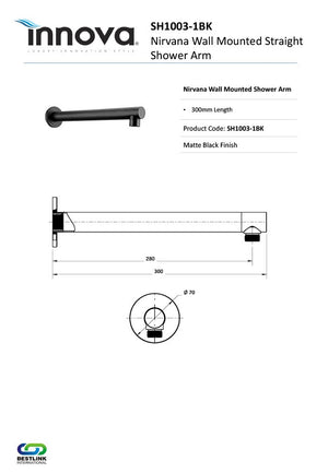 Innova SH10031 Nirvana 300mm Straight Wall Mounted Shower Arm