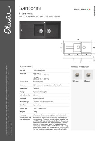 Oliveri ST-BL1510 Black 1 & 3/4 Bowl Top-mount Sink With Drainer