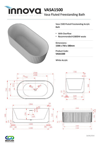 Innova VASA Fluted Freestanding Acrylic Bath