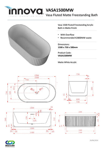 Innova VASA Fluted Freestanding Acrylic Bath