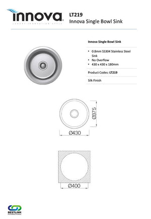 Innova LT219 430mm Wide Silk Finish Single Bowl Round Sink