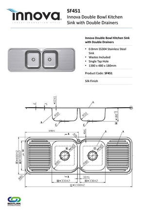 Innova SF451 Silk Finish 1380mm Wide Double Bowl Sink with Double Drainers