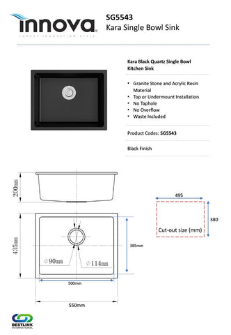 Innova SG5543 Kara Black Quartz 550mm Wide Single Bowl Sink