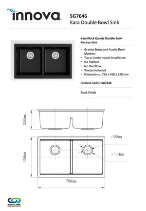 Innova SG7646 Kara Black Quartz 760mm Wide Double Bowl Sink