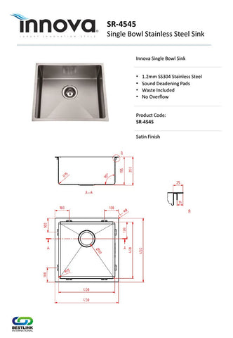 Innova SR4545 Handmade 450mm Wide Single Bowl Kitchen Sink