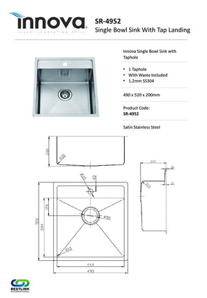 Innova SR4952 Handmade 490mm Wide Single Bowl Kitchen Sink with Taphole