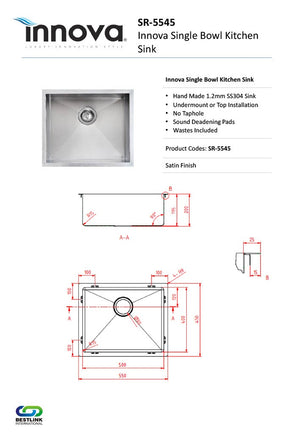 Innova SR5545 Handmade 550mm Wide Single Bowl Kitchen Sink