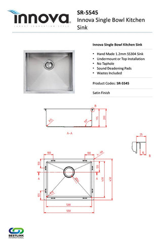 Innova SR5545 Handmade 550mm Wide Single Bowl Kitchen Sink