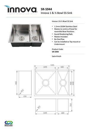 Innova SR5944 Handmade 590mm Wide 1 & 1/4 Bowl Kitchen Sink