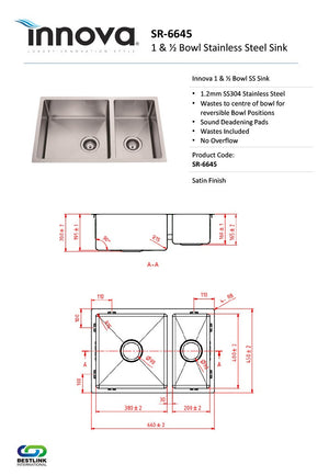 Innova SR6645 Handmade 660mm Wide 1 & 1/2 Bowl Kitchen Sink