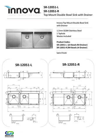 Innova SR12051 Handmade 1200mm Wide 1 & 1/2 Bowl Kitchen Sink with Drainer