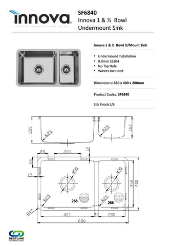 Innova SF6840 680mm Wide 1 & 1/2 Bowl Undermount Sink