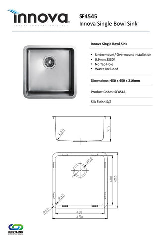 Innova SF4545 Marlo 450mm Wide Single Bowl Sink