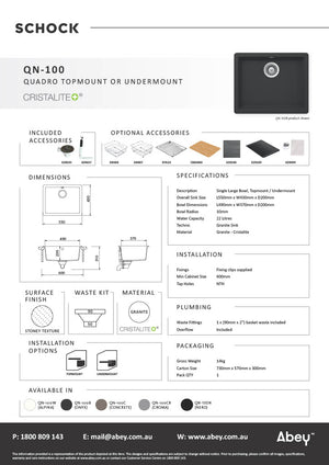 Schock QN-100 Quadro Inset Or Undermount Large Single Bowl Granite Sink