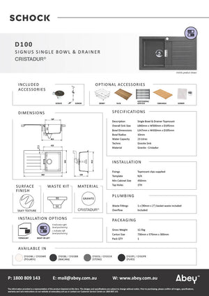 Schock D100 Signus Single Bowl Stone Sink & Drainer