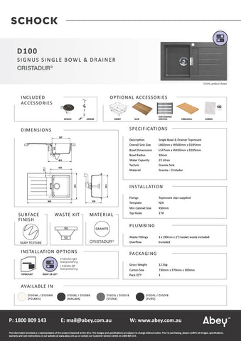 Schock D100 Signus Single Bowl Stone Sink & Drainer