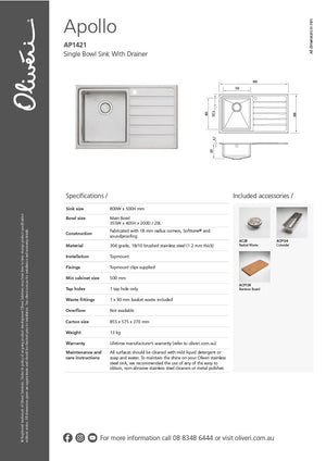 Oliveri AP1421/AP1422 Apollo Single Bowl Sink with Drainer