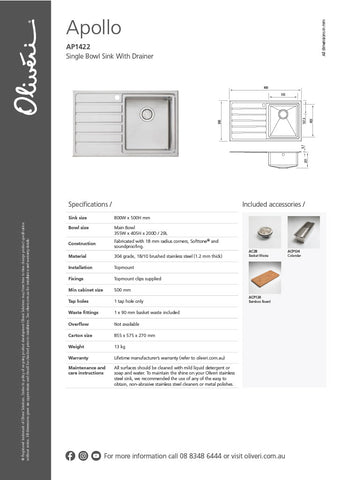 Oliveri AP1421/AP1422 Apollo Single Bowl Sink with Drainer