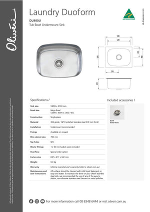 Oliveri DU490U Laundry 45L Undermount Tub