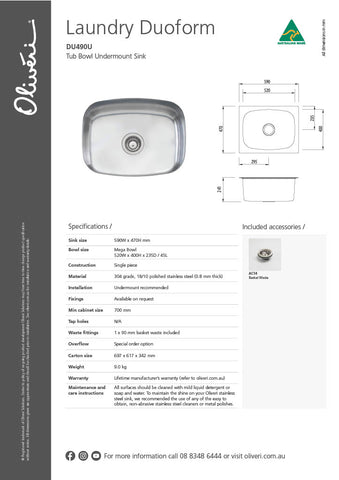 Oliveri DU490U Laundry 45L Undermount Tub