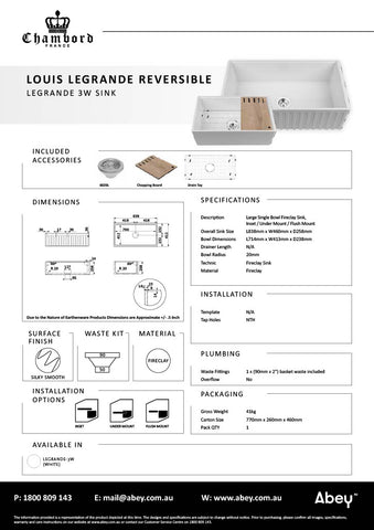 Chambord LEGRANDE-3W Large Bowl Reversible Fireclay Sink