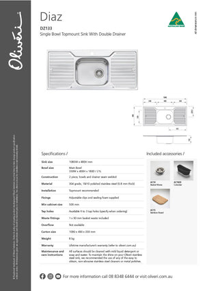 Oliveri DZ133 Diaz Single Bowl Sink With Double Drainer