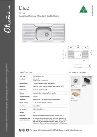 Oliveri DZ133 Diaz Single Bowl Sink With Double Drainer