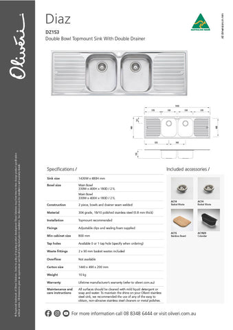 Oliveri DZ153 Diaz Double Bowl Sink With Double Drainer