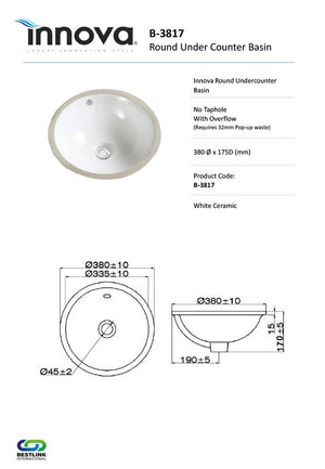 Innova B3817 380mm Round Under Counter Basin