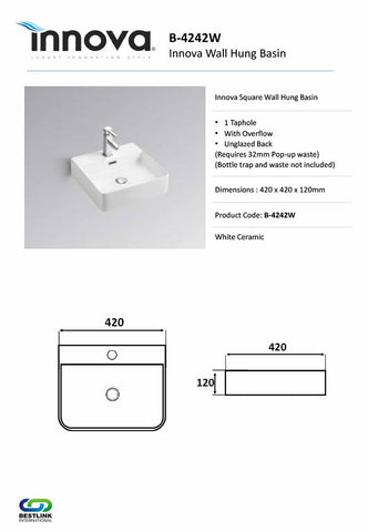 Innova B4242W Square Wall Hung Basin