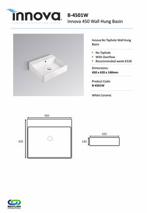 Innova B4501W 450mm No Taphole Wall Hung Basin Basin