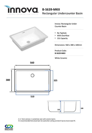 Innova B5639MKII 560mm Rectangular Under Counter Basin