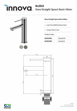 Innova BL2022 Kova Lead Free Basin Mixer Straight Spout